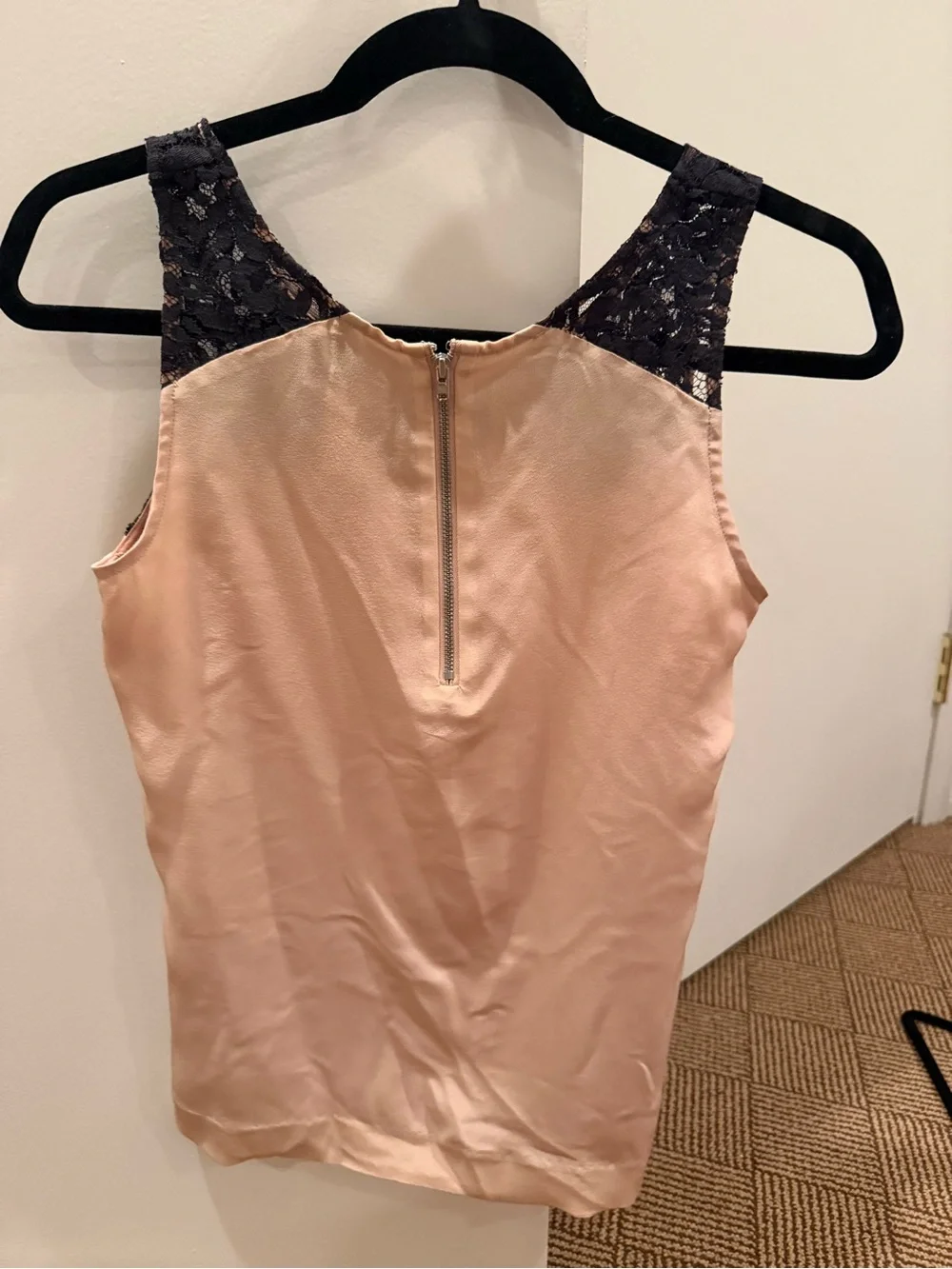 J. Crew Blush Pink Satin Tank with Black Lace Yoke